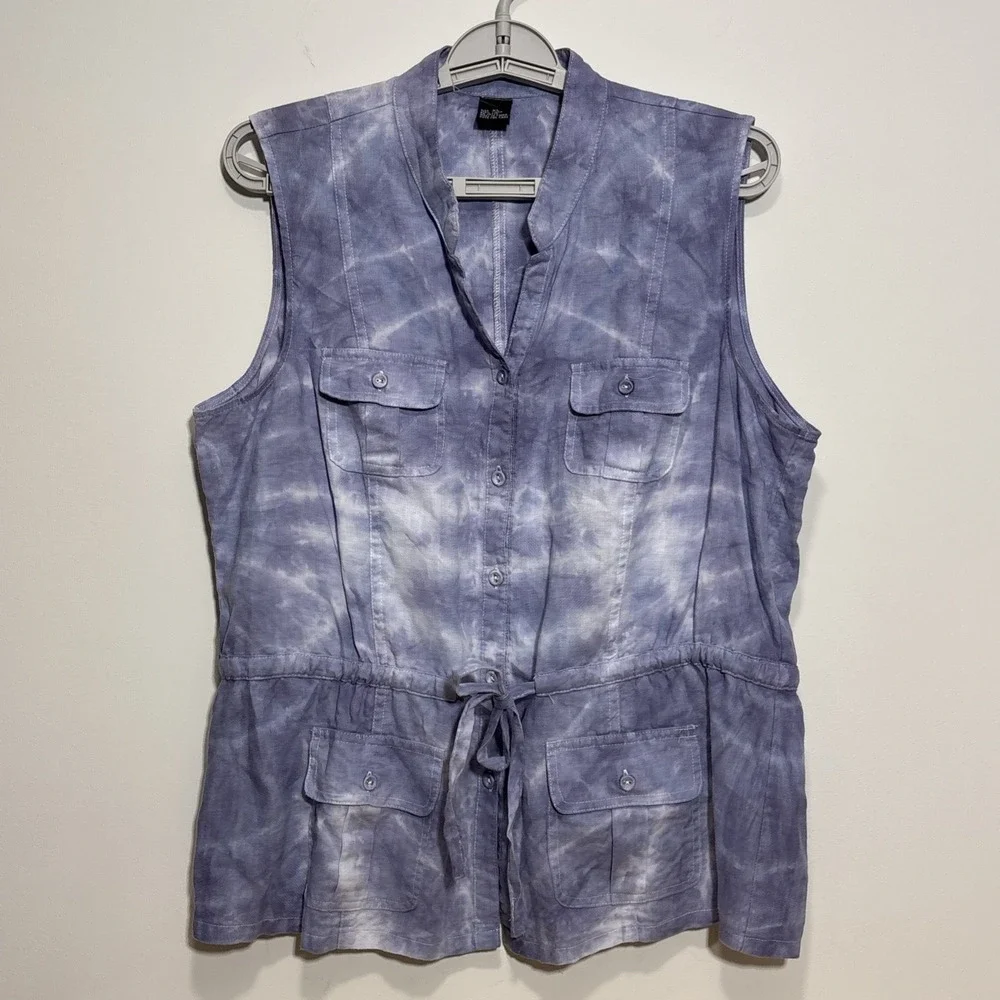 Carole Little 100% Linen Tie Dye Safari Vest Womens Size XL Button Front Pockets